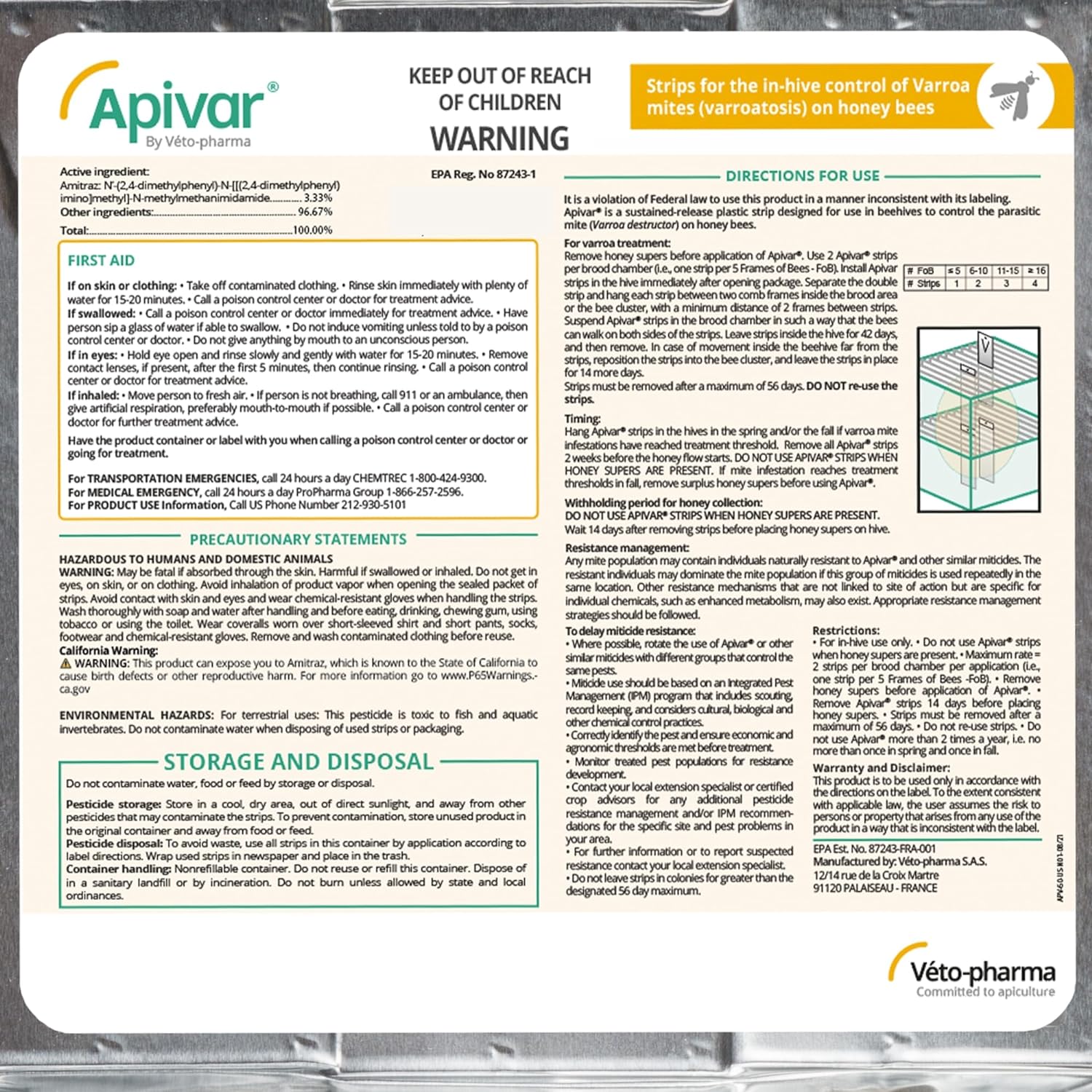 APIVAR 60 pack - Varroa Mite Treatment